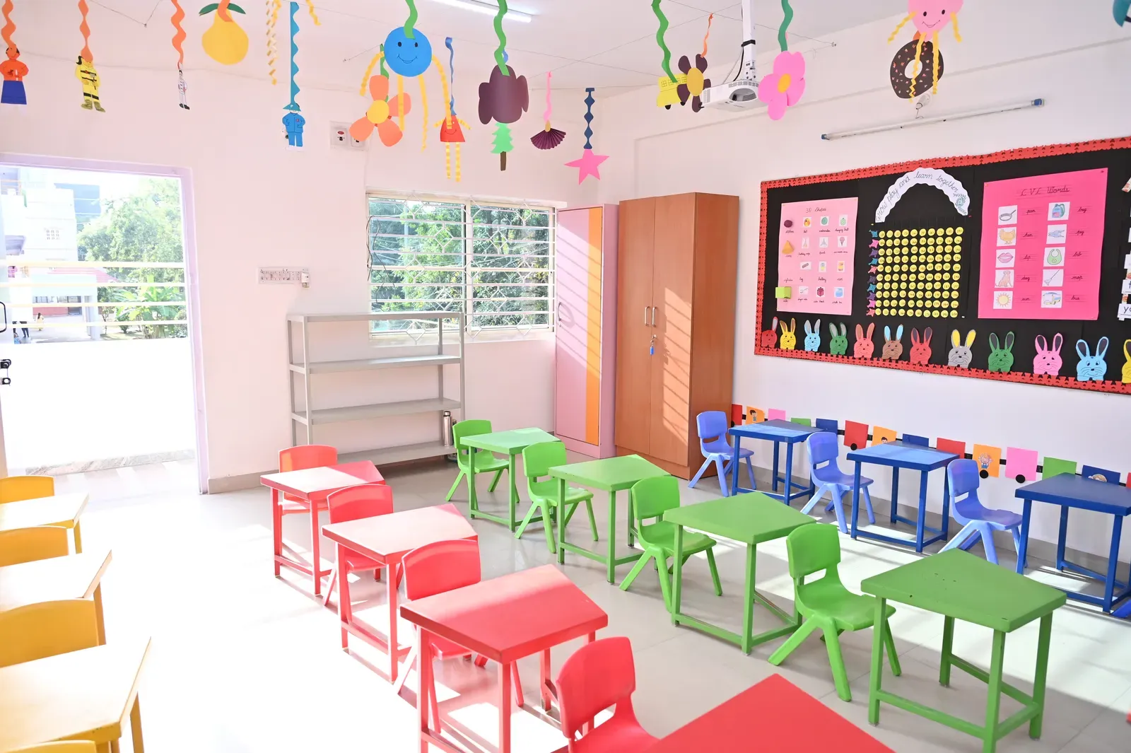 A Pre-primary classroom with a learning display board
