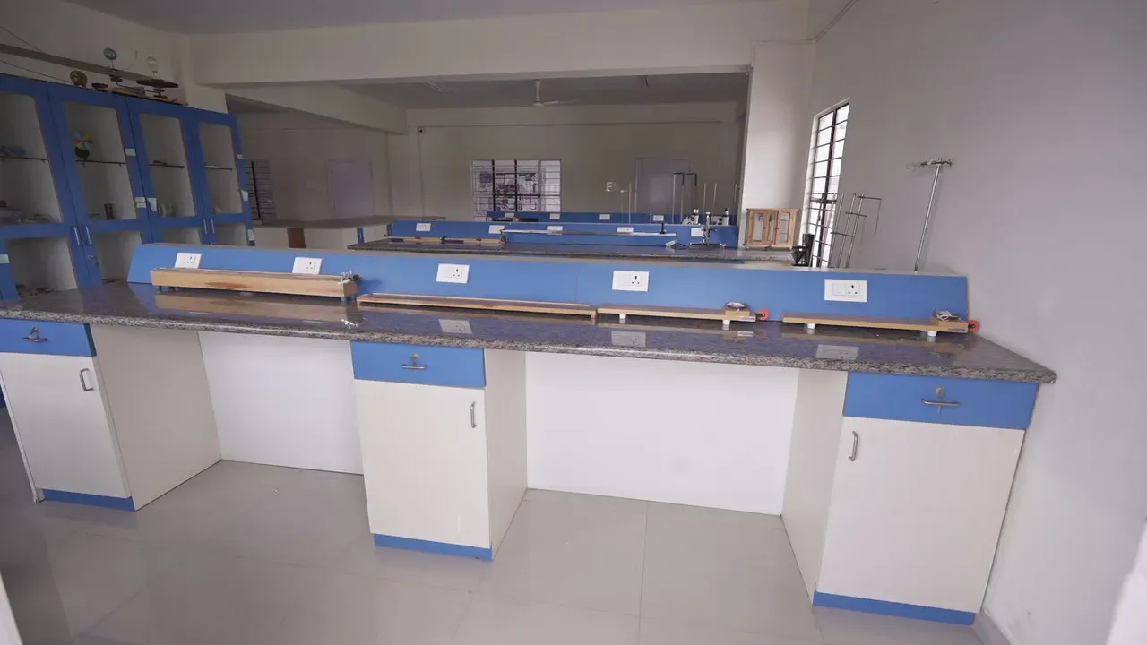 A physics lab bench with demonstration equipment
