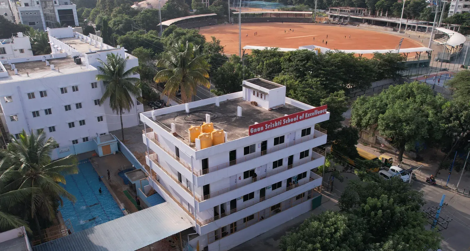 An aerial view of the Gnan Srishti campus and grounds